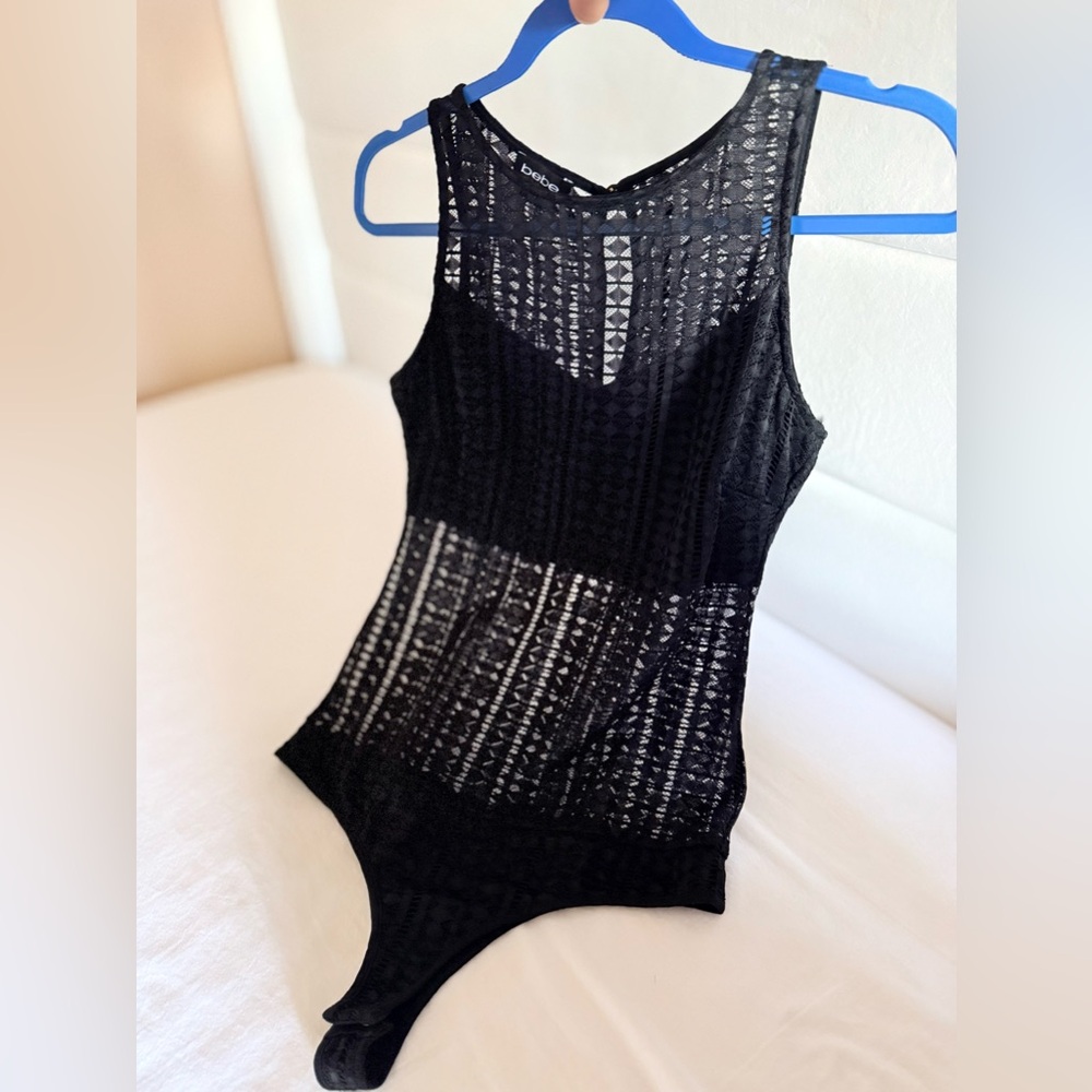 Bebe Bodysuit Black Lace Mesh Sleeveless Size M